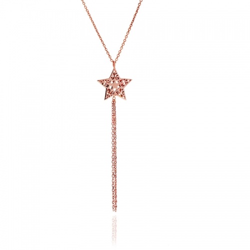 18ct Rose Gold On Sterling Silver Filigree Star Tassel Necklace Diamond Trace Chain Star Charm Is Polished By Hand